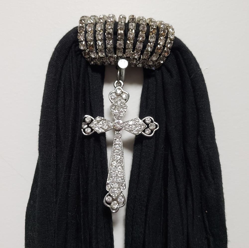 Scarf Diamond Jewelled Silver Cross Black Women Soft Jersey Gauze
